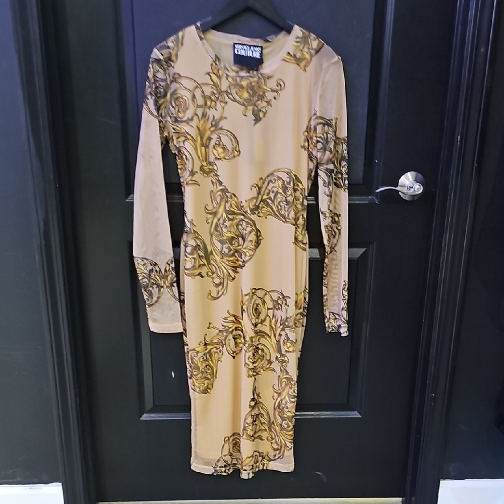 Versace Jeans Collection Beige and Gold Long Sleeve Dress